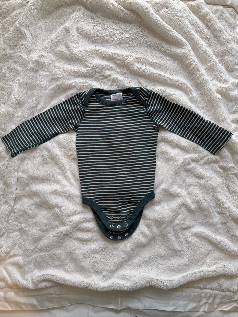 Hanna Andersson Striped Long-Sleeve One-Piece in Dark Teal and Cream